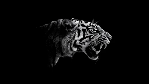 Monochrome tiger profile roaring in stark negative space.