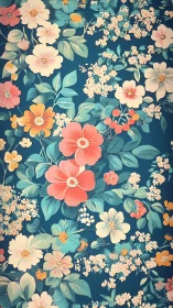 Floral pattern with multicolored blooms on teal background