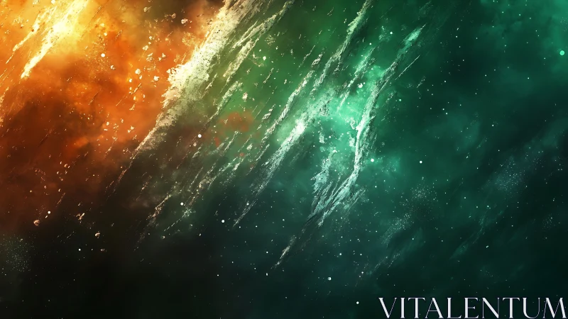 Nebular streaks dividing fiery orange and deep teal space.