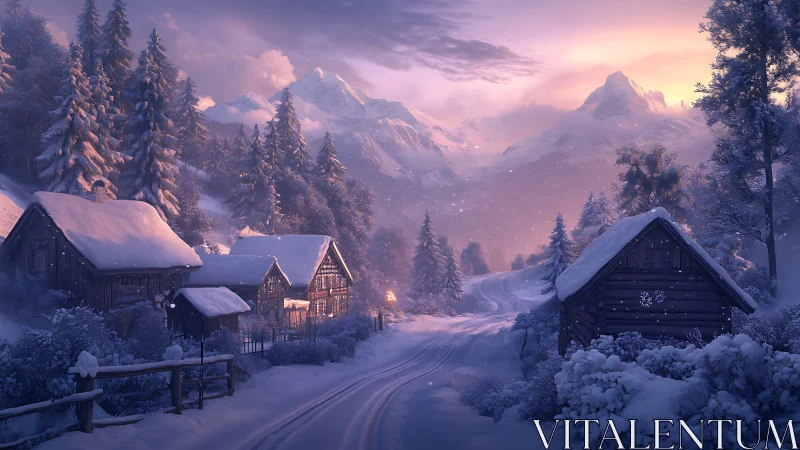 Softly glowing winter village tucked in quiet mountain snow.