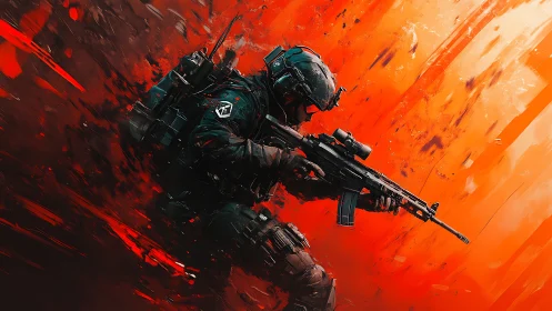 Dynamic futuristic soldier charges forward through blazing fire