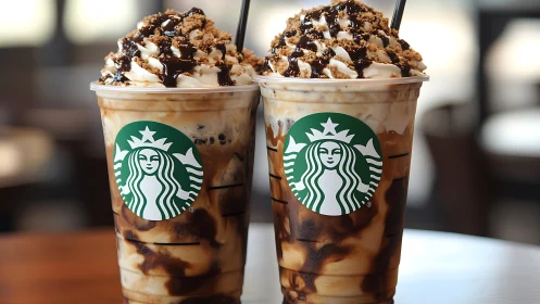 Two Starbucks frappuccinos sit on a table with visible toppings