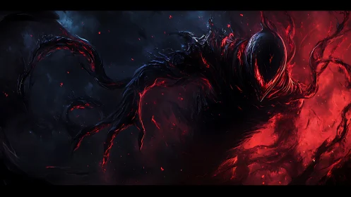 Shadow creature emerges amid red energy and dark tendrils