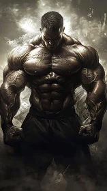 Titanic bodybuilder stands under stormlit metallic sky.