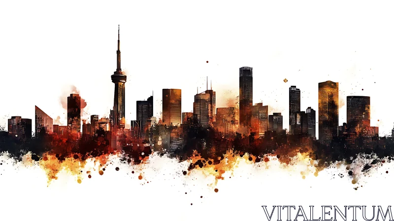 Ink-splatter metropolitan skyline with fiery chromatic diffusion.
