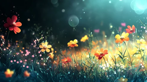 Luminescent Wildflowers with Volumetric Bokeh in Nighttime Environment