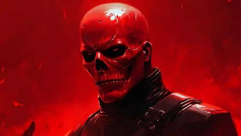 Red skeletal humanoid figure in uniform against red field.