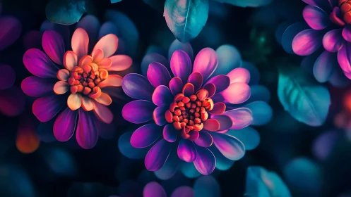 Neon Dahlia Flowers with Chromatic Gradient and Bokeh Depth