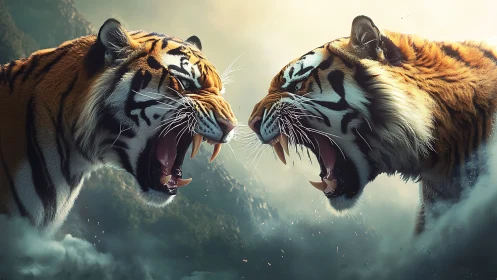Two Bengal Tigers Snarling Face-to-Face in Mountain Mist.