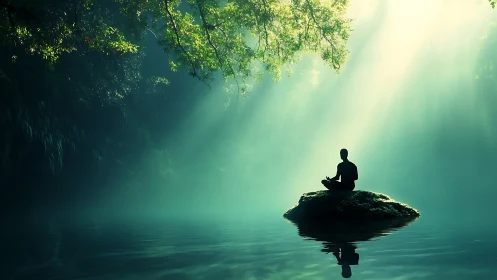 Silhouette Meditating on Rock in Tranquil Forest Lake, Dreamy Light.