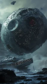 Haunting derelict starships drifting through misty skies.