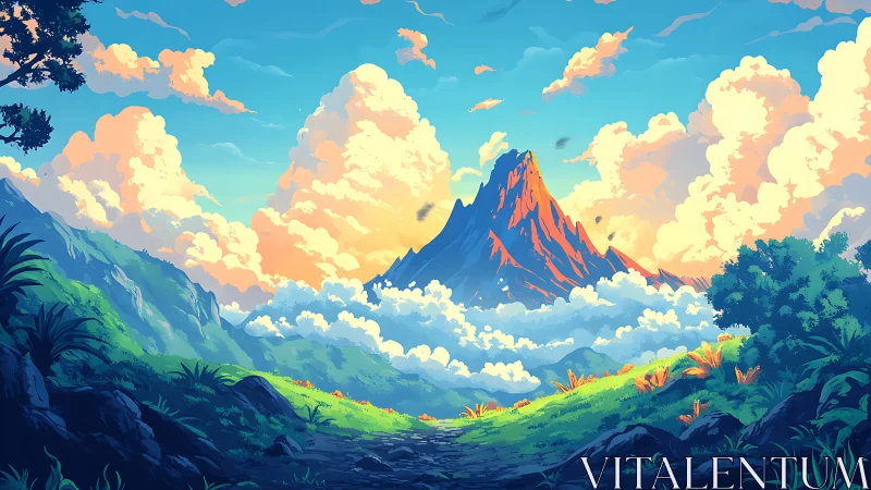 Sunlit volcanic peak rises above stratified clouds and lush valley