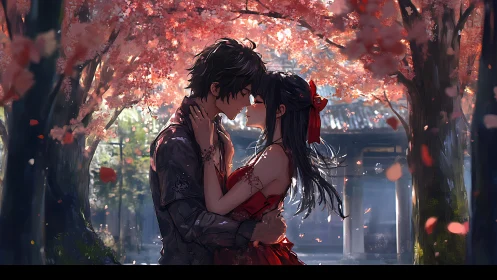 Couple kisses under pink blossom trees in soft evening light