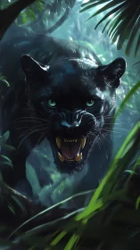 Black Panther with Emerald Eyes in Jungle Foliage