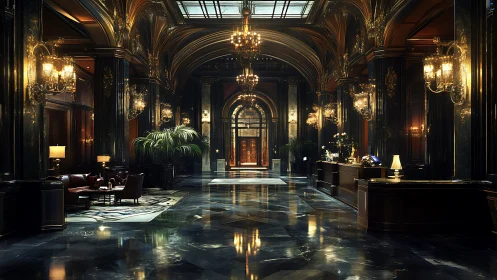 Luxurious Art Deco Hotel Lobby with Gold Chandeliers.