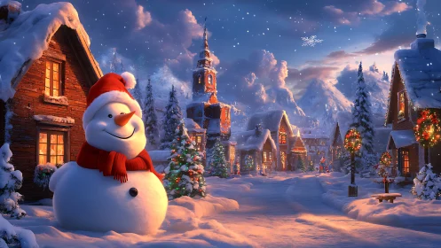 Snowman proudly patrols a glowing storybook winter village