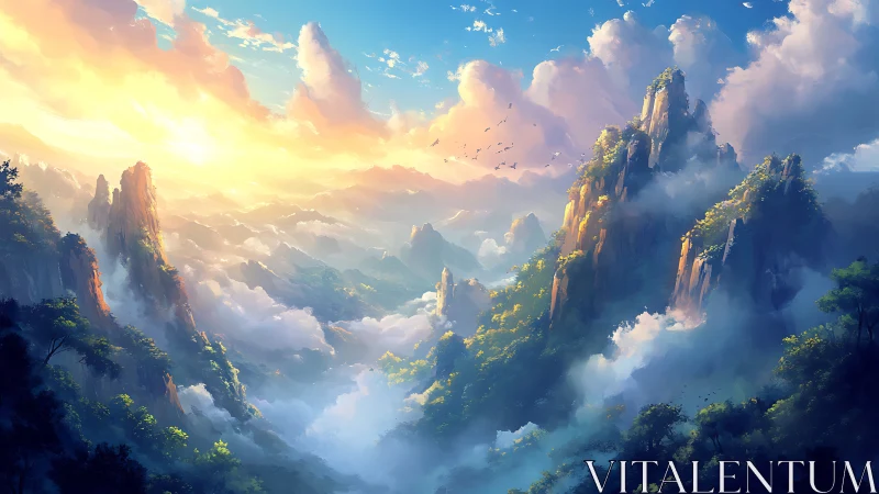 Sunlit cloud valley among towering fantasy peaks.