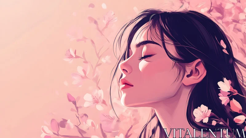 Serene woman in pink blossom haze, soft digital portrait.