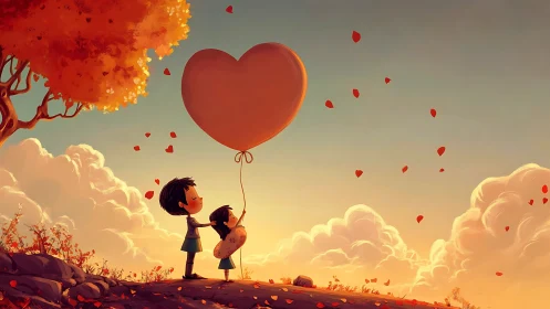 Two Children Hold Giant Heart Balloon Against Sunset Sky