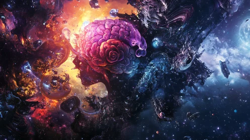 Neural cosmos silhouette merges human brain anatomy with nebular voids