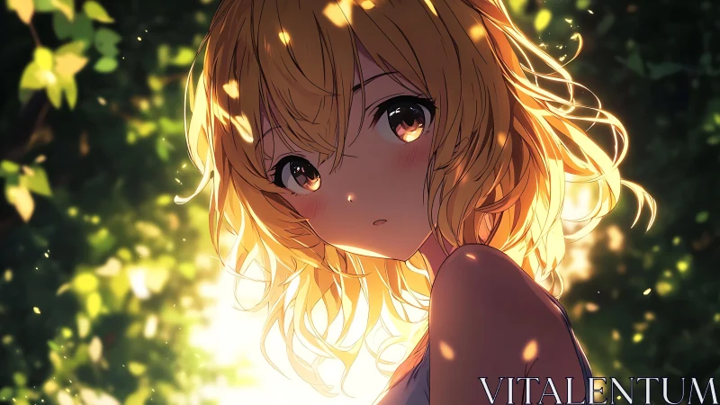 Blonde anime girl in backlit forest environment at sunset.