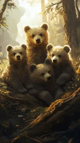 Bear cub quartet in dappled golden forest light.