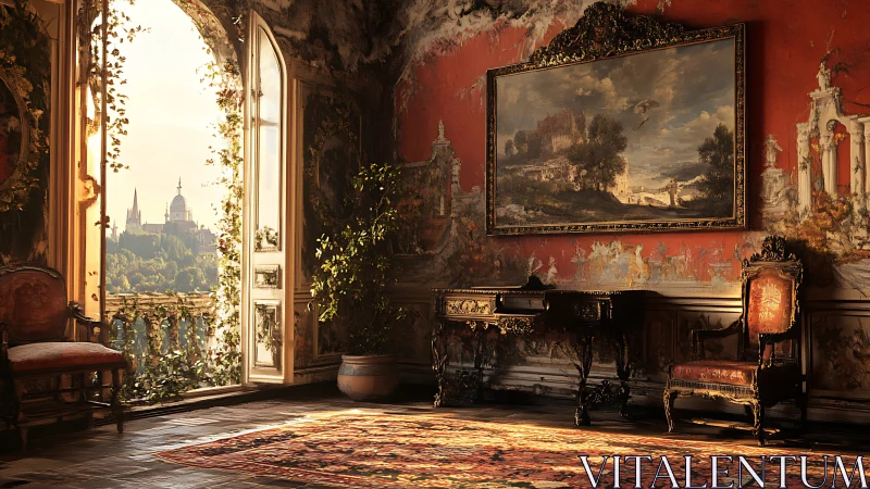Sunlit baroque salon opening onto distant domed skyline.