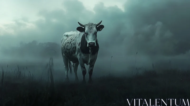 Solitary speckled cow stands in eerie, mist-filled pasture.