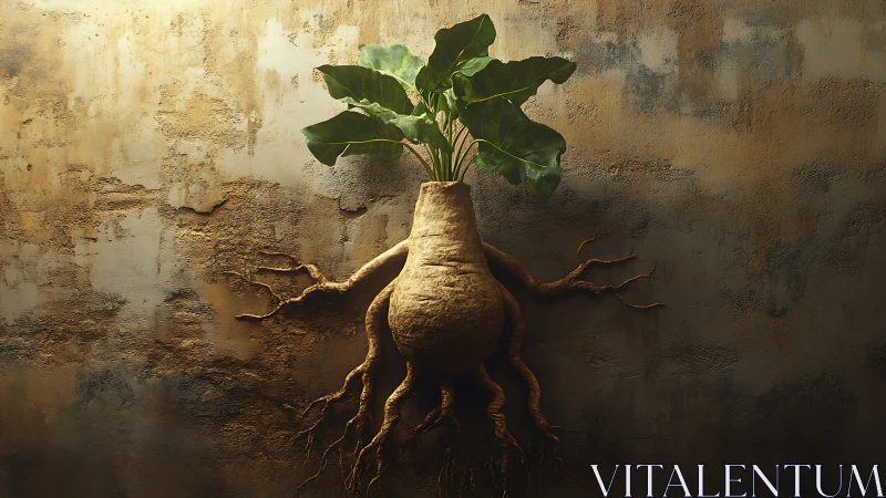 Rooted bulb plant clings to textured ochre wall surface.