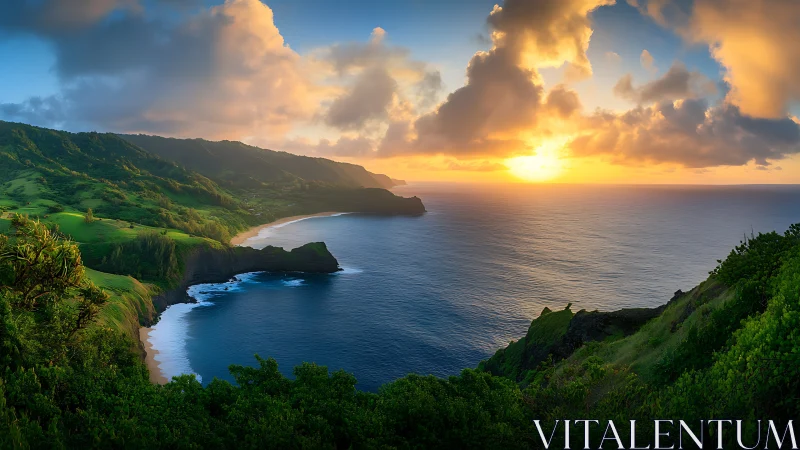 Coastal landscape with cliffs, beach, and sunset over ocean