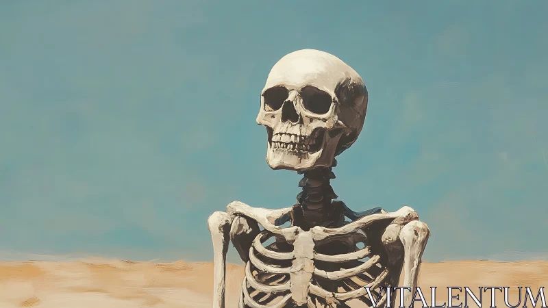Human skeleton standing in a bright empty desert scene.