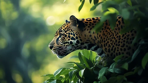 Golden jaguar pauses in lush jungle light, calmly listening