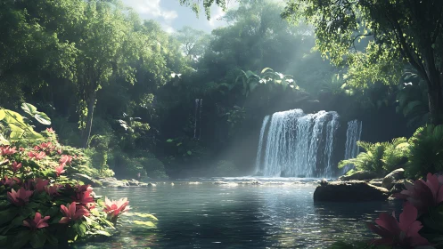 Dense jungle waterfall with volumetric light and specular water
