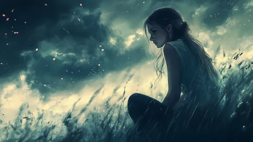 Solitary girl contemplates stormy skies in moody twilight