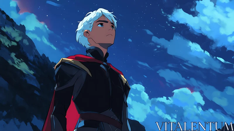 Young armored hero gazes at a vast, starlit night sky.