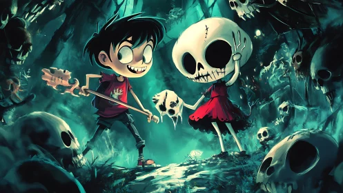 Two quirky kids explore a glowing skull-filled forest at night