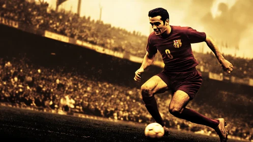 Soccer player in red kit sprints with ball in hazy stadium