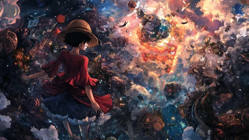 Anime panoramic sky odyssey with dynamic atmospheric depth.