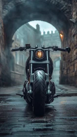 Midnight street sentinel motorcycle under rainwashed archways.