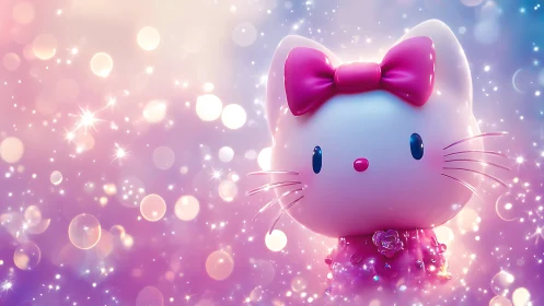 Luminous bow‑adorned cat figurine in glittering bokeh field.