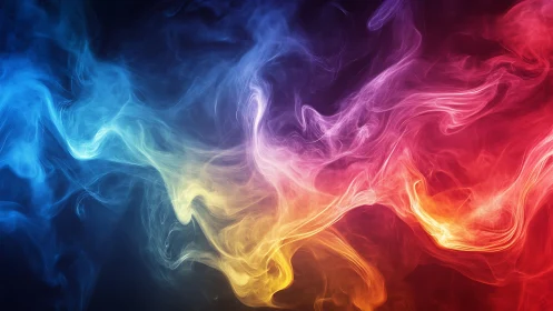 Multicolored luminous smoke forms traverse a dark gradient