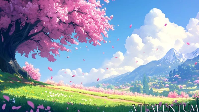 Vibrant cherry blossom tree beside alpine valley path