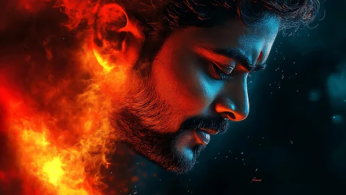 Male profile portrait contrasts blue lighting and rising fire