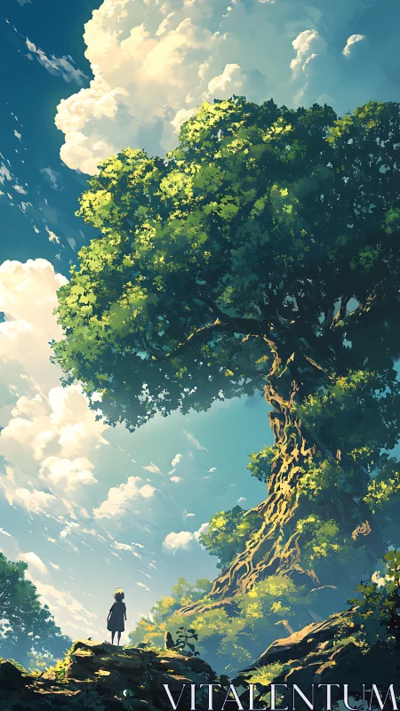 Solitary child beneath towering sunlit world tree