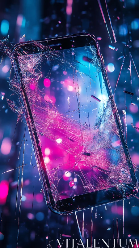 Shattered neon smartphone drifting through electric night.