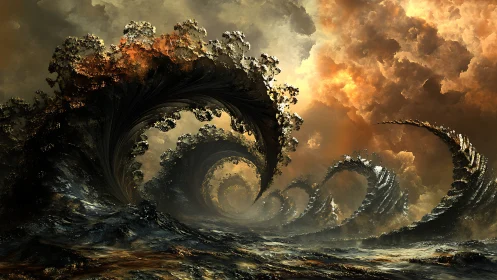 Fractal storm waves curl beneath burning turbulent sky.