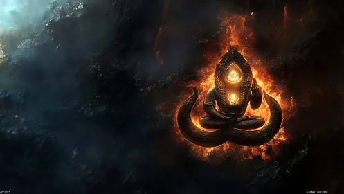 Fiery meditative deity figure amid dark swirling clouds.