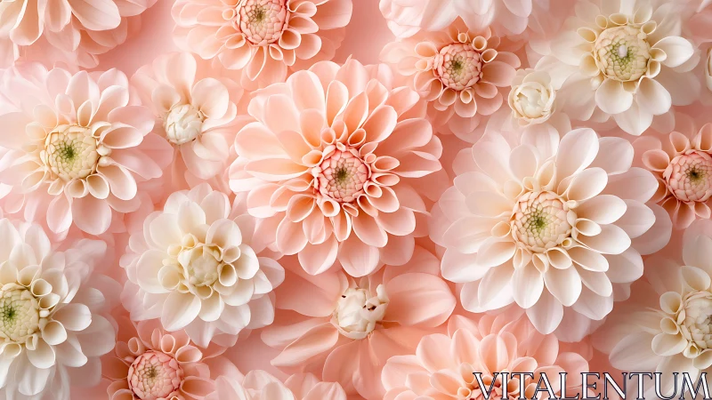 Digital floral tessellation with layered pastel dahlia rosettes.