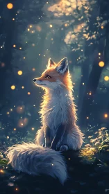 Fox sits in soft forest lighting surrounded by glowing orbs
