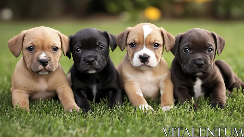 Puppy quartet resting on lawn in shallow depth of field.